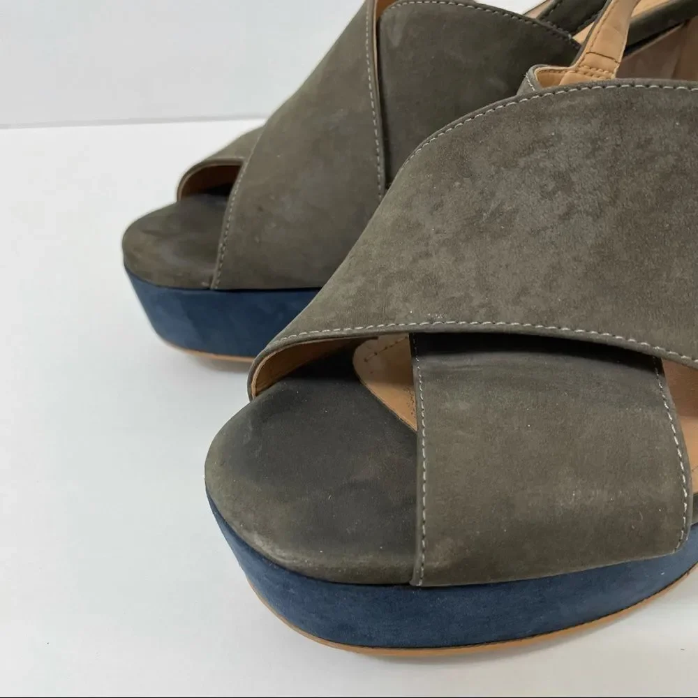 Klub Nico Gray Tan Navy Suede Chunky Heeled Platform Sandals